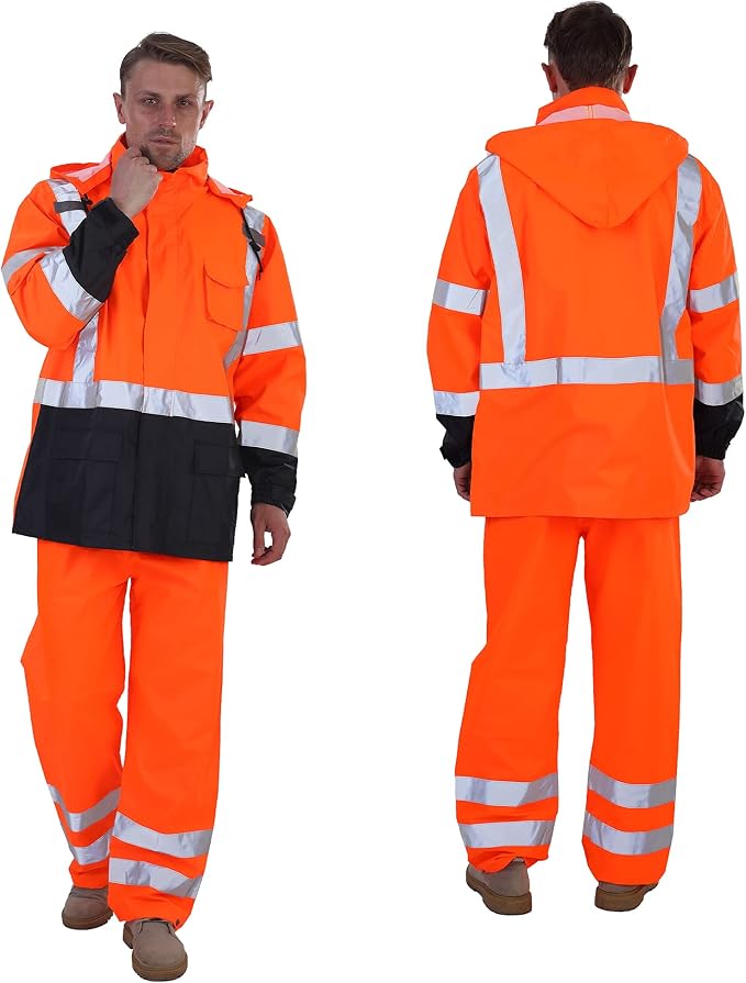 sesafety Hi Vis Rain Jacket, Rain Suits for Men Waterproof withBlack Bottom, Rain Coats for Men Interior Mesh, Class 3 HighVisibility Rain Gear,Removable Hood