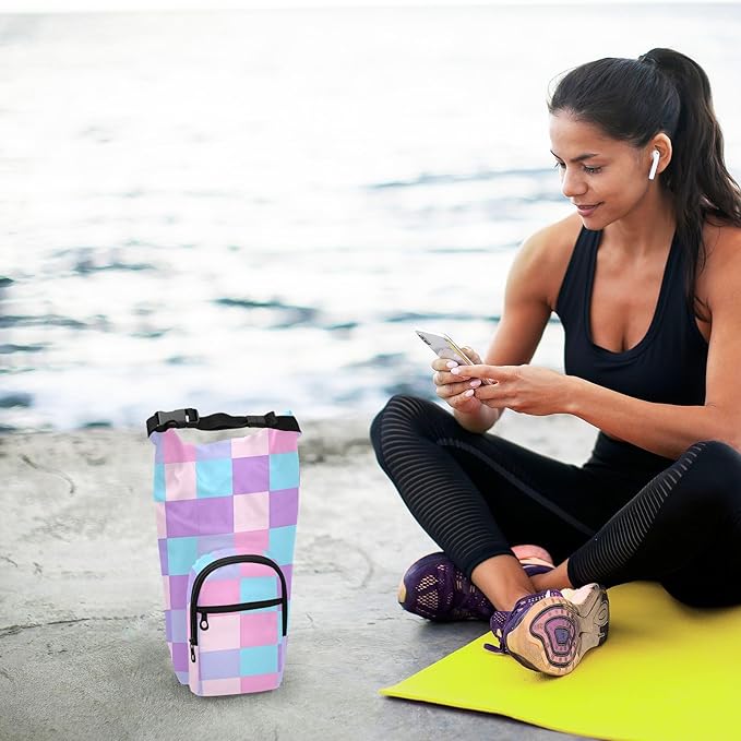 Purple Pink Checkered Water Bottle Holder with Strap Insulated Water Bottle Carrier Crossbody Bags Pouch with Phone Pocket for Travel Gym Hiking Walking Running