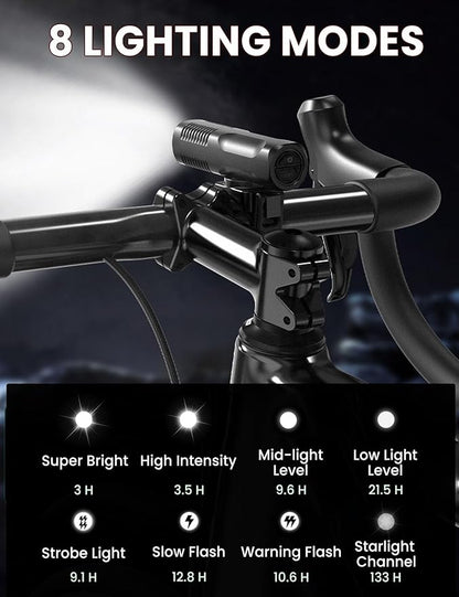 Bike Lights Front and Back Set, 8+5 Modes USB-C Rechargeable Bicycle Headlight and Tail Light, IP64 Waterproof LED Safety Lights for Night Riding, Road & Mountain Cycling Accessories, Easy to Install