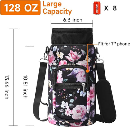 32/40/64/128 oz Neoprene Insulated Water Bottle Carrier Bag, Sling Bag Sleeve Pouch Holder with Strap & Paracord Handle and 2 Pocket for Travelling, Hiking, Camping