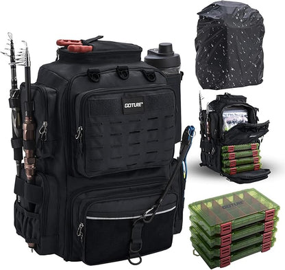 Goture Fishing Backpack with 4 Tackle Boxes,45L 600D Tackle Backpack with Rod Holders,8 Lure Pockets,Rain Cover,Large Fishing Bag Saltwater Gear Storage Bag for Camping Hiking