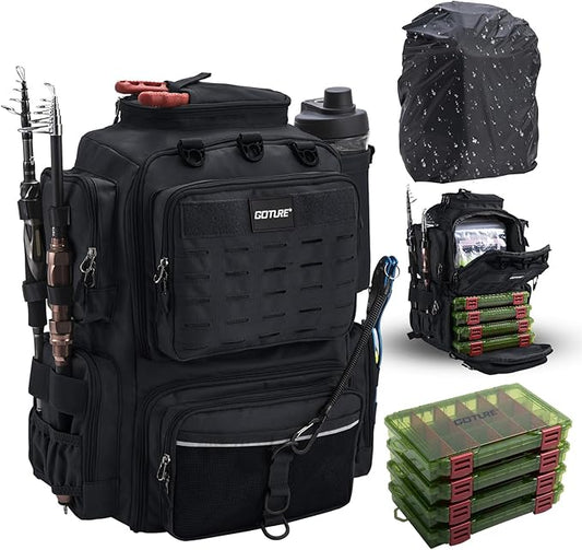 Goture Fishing Backpack with 4 Tackle Boxes,45L 600D Tackle Backpack with Rod Holders,8 Lure Pockets,Rain Cover,Large Fishing Bag Saltwater Gear Storage Bag for Camping Hiking
