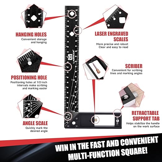 Rafter Square 7 Inch and Framing Square 12 Inch Carpenter Square Set, Aluminum Woodworking Square Tool Ruler for Woodworking, Black