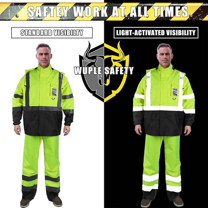 Safety Rain Jacket for Men Waterproof，Class 3 Hi Vis Rain Gear with Collapsible Hood， Breathable Rain Suits with Inner Mesh Lining and pocket，Reflective Waterproof Pants 4XL/5XL