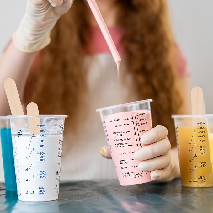 50 PACK Plastic Paint Mixing Cups, 20 oz (600ml) Disposable Liquid Measuring Cups with 50 Wooden Mixing Sticks, Measurement ratios: 2:1, 3:1, 4:1, Perfect for Epoxy Resin, Paint Mixing