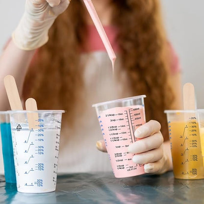 50 PACK Plastic Paint Mixing Cups, 20 oz (600ml) Disposable Liquid Measuring Cups with 50 Wooden Mixing Sticks, Measurement ratios: 2:1, 3:1, 4:1, Perfect for Epoxy Resin, Paint Mixing