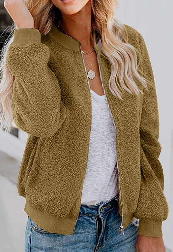 MIROL Women's Fall Trendy Fleece Jacket Faux Sherpa Fuzzy Casual Long Sleeve Zip Up Loose Fit Bomber Winter Coat