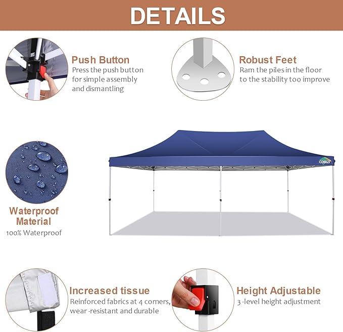 COBIZI 10x20 Pop Up Canopy Tent with Sidewalls,Party Tent Outdoor Gazebos, Waterproof & UV50+,3 Adjustable Heights,Higher Frame Design - Extra Tall for Parties Backyard,Weddings,Markets,(Dark Blue)