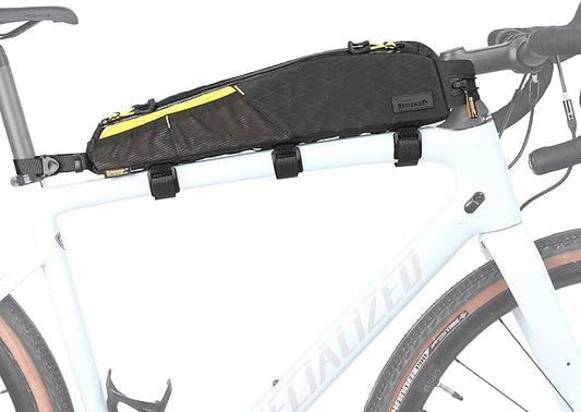 Rhinowalk Bike Frame Bag 2.1L, Waterproof Front Tube Bag with Dual Compartments, YKK Zipper, Phone Storage & Cable Port – Fits Most Bikes – Black+Yellow