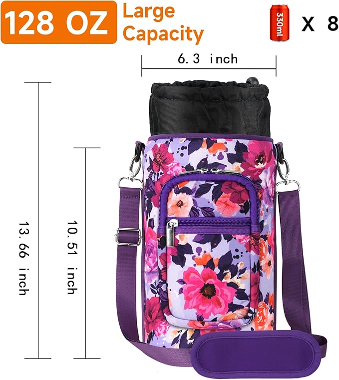 32/40/64/128 oz Neoprene Insulated Water Bottle Carrier Bag, Sling Bag Sleeve Pouch Holder with Strap & Paracord Handle and 2 Pocket for Travelling, Hiking, Camping