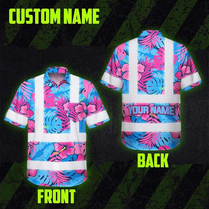 High Visibility Hawaiian Shirt for Men Tropical Shirts Custom Name Floral Outfit Reflective Safety Workwear
