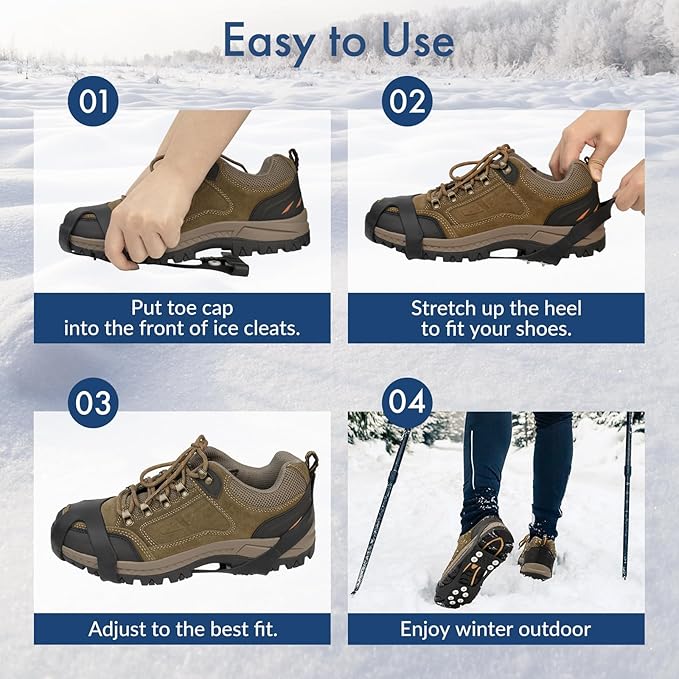 Ice Cleats for Shoes and Boots, Ice Snow Grips for Winter Walking Traction, Anti-Slip Ice Traction Cleats with 10 Steel Studs Crampons Gripper Spikes for Shoes Men Women