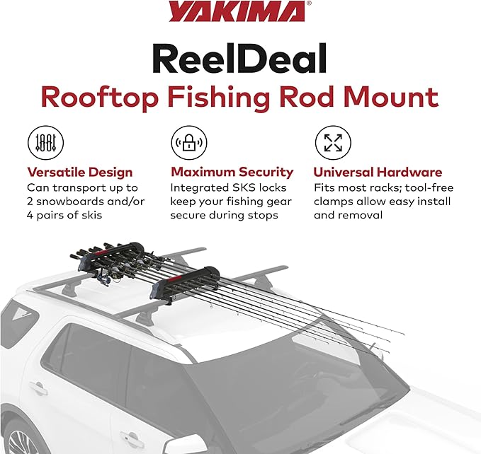 Yakima Fishing Pole Rod Car Rack Mount, ReelDeal 4 Ski & 2 Snowboard Holder w/ SKS Locks - Heavy-Duty and Portable Vehicle Storage Accessories for Travel Organization
