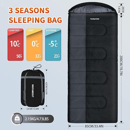 XL 10 Degree Sleeping Bags Waterproof for Adults 350GSM Machine Washable with Compression Sack for 3-4 Season Camping Outdoor