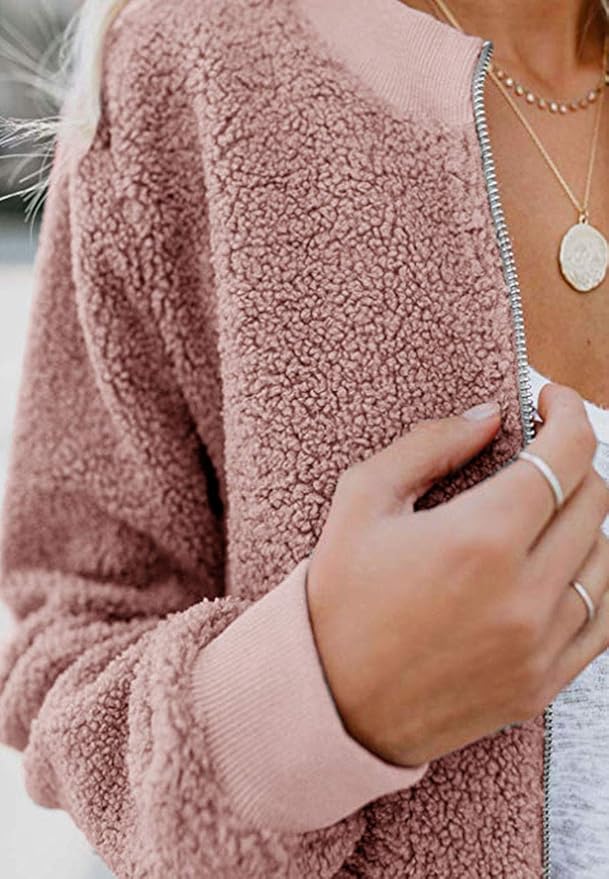 MIROL Women's Fall Trendy Fleece Jacket Faux Sherpa Fuzzy Casual Long Sleeve Zip Up Loose Fit Bomber Winter Coat