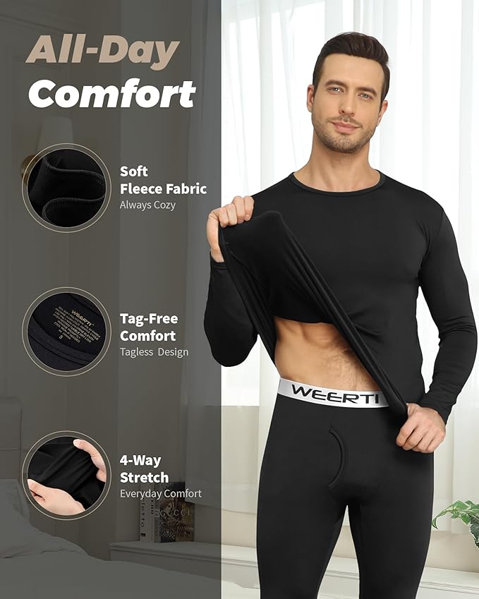 WEERTI Thermal Underwear for Men Long Johns with Fleece Lined Base Layer Men Cold Weather Top Bottom