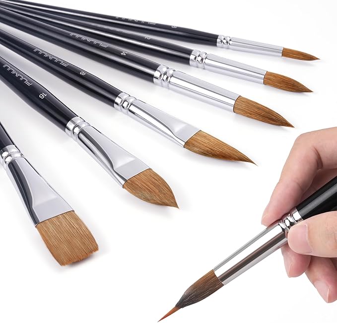Watercolour Brushes Set, Fuumuui 7PCS Professional Kolinsky Sable Paint Brush with Patented Extended Points Design, Round, Flat, Oval, Mop for Fine Detail, Gouache, Ink, Watercolour Painting