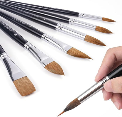 Watercolour Brushes Set, Fuumuui 7PCS Professional Kolinsky Sable Paint Brush with Patented Extended Points Design, Round, Flat, Oval, Mop for Fine Detail, Gouache, Ink, Watercolour Painting