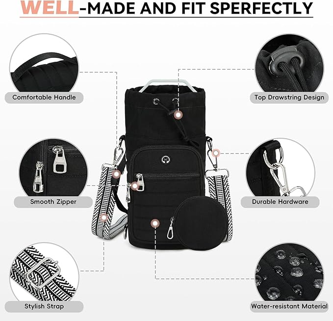 Water Bottle Carrier Bag with Strap, Sling Bag for Walking, Hiking, Cycling, Black, 40 Ounces