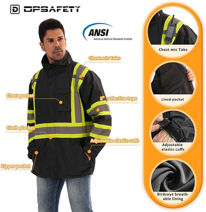 Reflective Rain jackets for men waterproof,Hi Vis Safety Coat With Reflective Strips，High Visibility Class 3 Rain jackets With 2 large pockets，Zipper,Black ，SM/MD