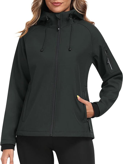 MoFiz Women's Fleece Lined Softshell Jacket Hooded Windproof Lightweight Insulated Jacket Full Zip Warm Coat