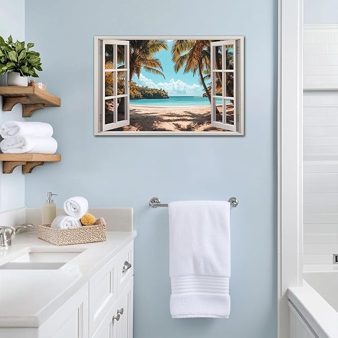 ANRUOXI Beach Wall Art, Window Frame Style Canvas Wall Decor Ocean, Blue Sea & Tropical Palm Tree Ocean Island Canvas, Paradise Scenery Nature Landscape Painting for Living Room Office Home 28x40 Inch