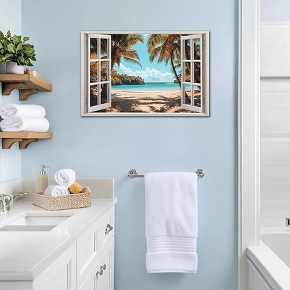 ANRUOXI Beach Wall Art, Window Frame Style Canvas Wall Decor Ocean, Blue Sea & Tropical Palm Tree Ocean Island Canvas, Paradise Scenery Nature Landscape Painting for Living Room Office Home 28x40 Inch