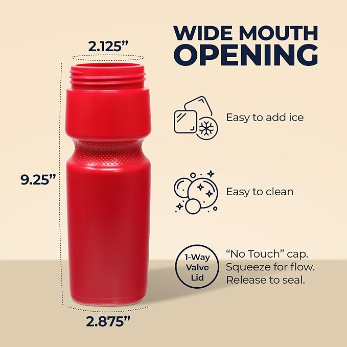Rolling Sands USA Made 24 oz Sports Squeeze Water Bottles, 3 Pack, BPA-Free, Easy Drink One Way Flow Valve, Fits Most Bike Cages, Dishwasher Safe, Durable, Reusable and Lightweight, Red