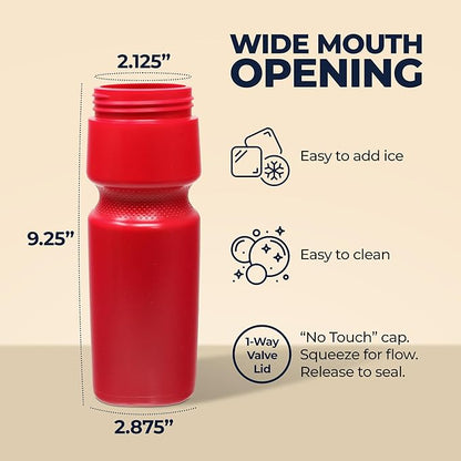 Rolling Sands USA Made 24 oz Sports Squeeze Water Bottles, 3 Pack, BPA-Free, Easy Drink One Way Flow Valve, Fits Most Bike Cages, Dishwasher Safe, Durable, Reusable and Lightweight, Red