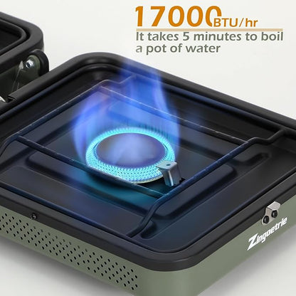 Zingoetrie Camping Stove Propane Burner 17000 BTU Adjustable 2 Burners with Windscreen Foldable Portable Stove Double Burner Stove with Bag Suitable for Outdoor Camping Partying