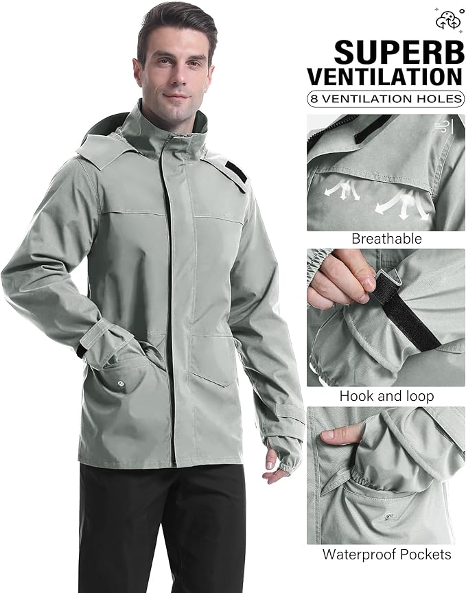 iCreek Rain Suit Waterproof Jacket with Pants 2 Pieces Breathable Lightweight Packable Raincoat with Hooded Rain Gear Unisex