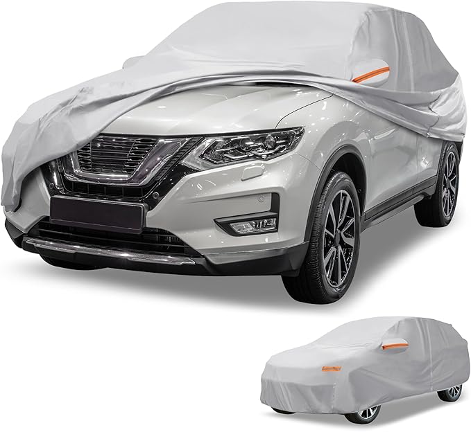 Universal Car Cover Waterproof All Weather 190T-PU, UV Sun Rain Protection, Fits for SUV Length 182"-190", with Left Side Zipper, Silver Tone