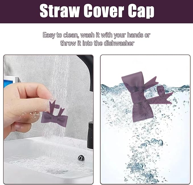 4Pcs Silicone Straw Toppers Covers for Stanley Cups 40/30oz 10mm(0.4in) Dust-Proof Bow Straw Covers Toppers Suitbale for Stanley Cup Accessories Reusable Straws Caps (Dark Purple)