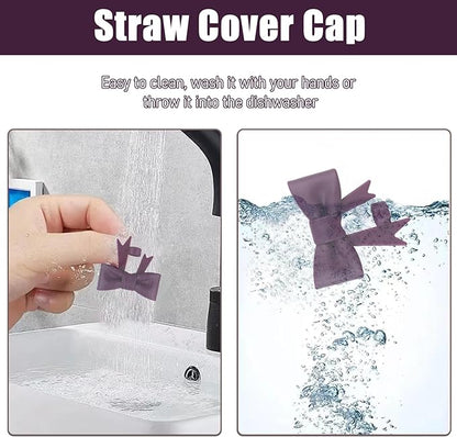 4Pcs Silicone Straw Toppers Covers for Stanley Cups 40/30oz 10mm(0.4in) Dust-Proof Bow Straw Covers Toppers Suitbale for Stanley Cup Accessories Reusable Straws Caps (Dark Purple)