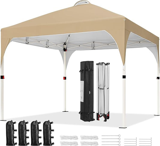 Yaheetech 10x10 Pop Up Canopy Tent with Vent, Easy Set Up Tent, Instant Sun Shelter Canopy with Wheeled Bag, 4 Sandbags, 12 Stakes & 4 Ropes, for Parties, Beach, Outdoor, Khaki