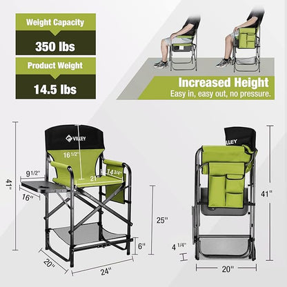 VILLEY Tall Directors Chair, Folding Camping Chairs, Makeup Artist Chair with Foot Rest, 900D Fabric for Tailgating Camp Lawn Picnic Fishing Beach, Supports 350 LBS, Green