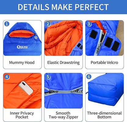 Down Sleeping Bag for Adults 0°F 10°F 15°F 20°F Backpacking Sleeping Bag for Cold Weather with Compression Sack