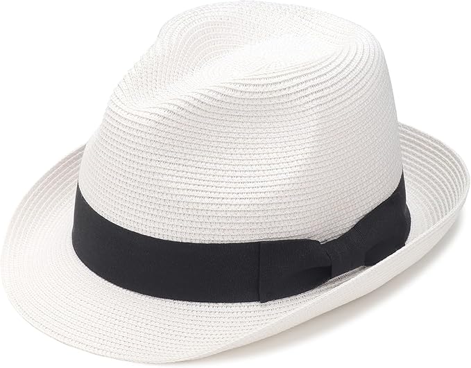 DRESHOW Women Straw Sun Hat Short Brim Panama Travel Fedora Beach Cap Roll up Summer Hat for Women Men UPF 50+