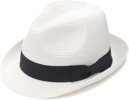DRESHOW Women Straw Sun Hat Short Brim Panama Travel Fedora Beach Cap Roll up Summer Hat for Women Men UPF 50+