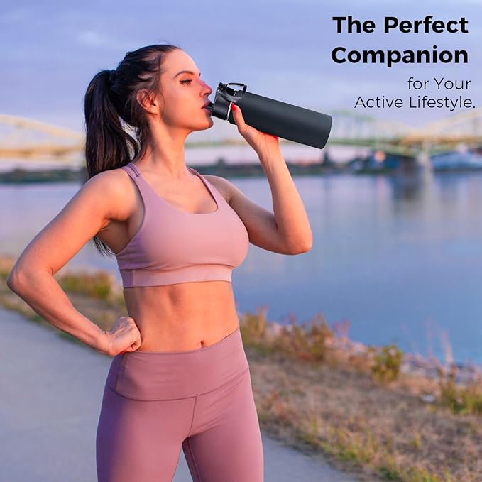 Neihepal 22 oz Insulated Water Bottles Bulk, Stainless Steel Water Bottles Bulk with Leak Proof Straw Lid, Wide Mouth Double Walled Vacuum Keeps Cold and Hot(Black,8 Pack)