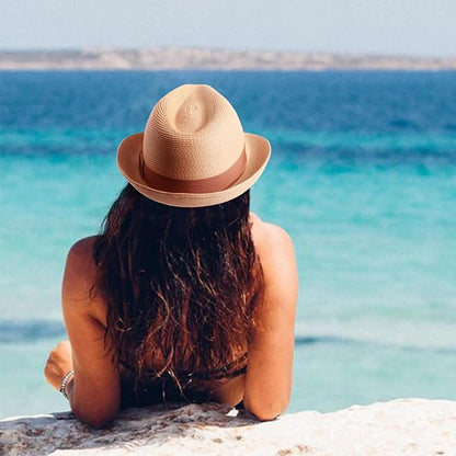 DRESHOW Women Straw Sun Hat Short Brim Panama Travel Fedora Beach Cap Roll up Summer Hat for Women Men UPF 50+