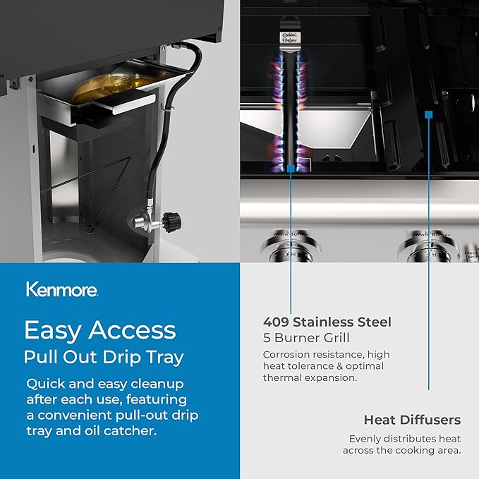 Kenmore 3-Burner Propane BBQ Grill, 30,000 BTUs Gas Grill with Cast Iron Cooking Grates, Folding Side Tables & Wheels, Outdoor Grill with Tool Hooks, Pearl White + Bonus Cover