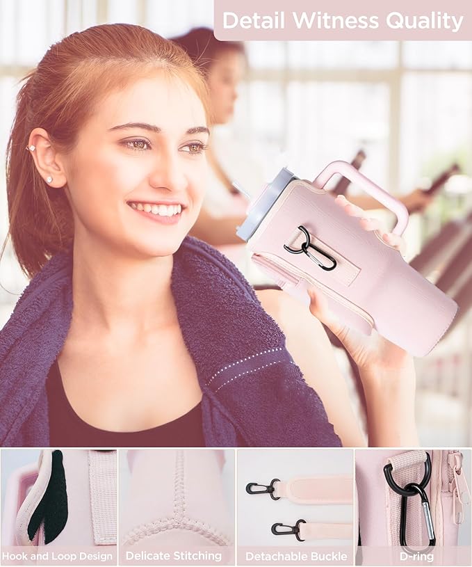 dabria Water Bottle Carrier Bag with Phone Pocket for Stanley 40/30 oz Tumbler Neoprene Water Bottle Holder Pouch with Adjustable Strap Bollus with Straw Cover & Carabiner for Stanley Cup Accessories