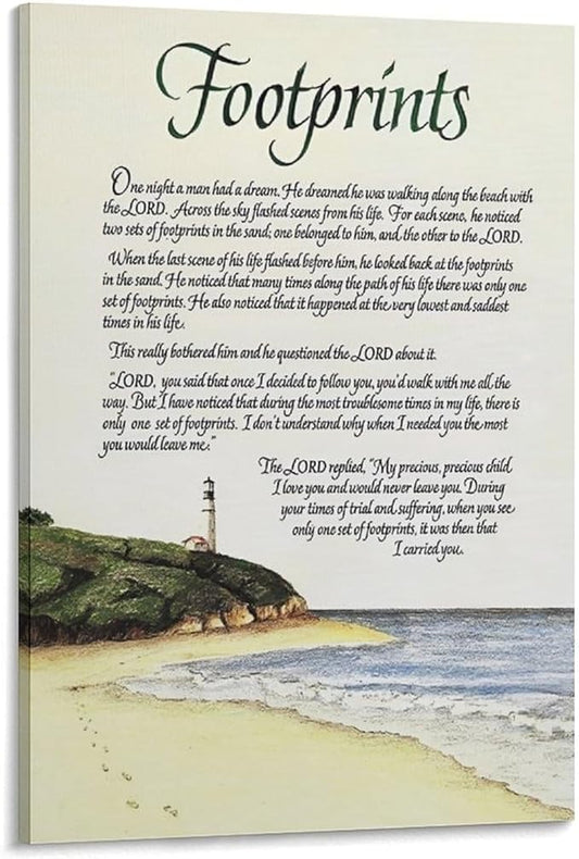 Footprints in the Sand Religious Canvas Wall Art Posters, Inspirational Beach Sunset Poem Print Poster (Framed 24x36inch, Footprints(5))