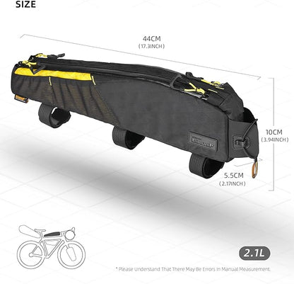 Rhinowalk Bike Frame Bag 2.1L, Waterproof Front Tube Bag with Dual Compartments, YKK Zipper, Phone Storage & Cable Port – Fits Most Bikes – Black+Yellow