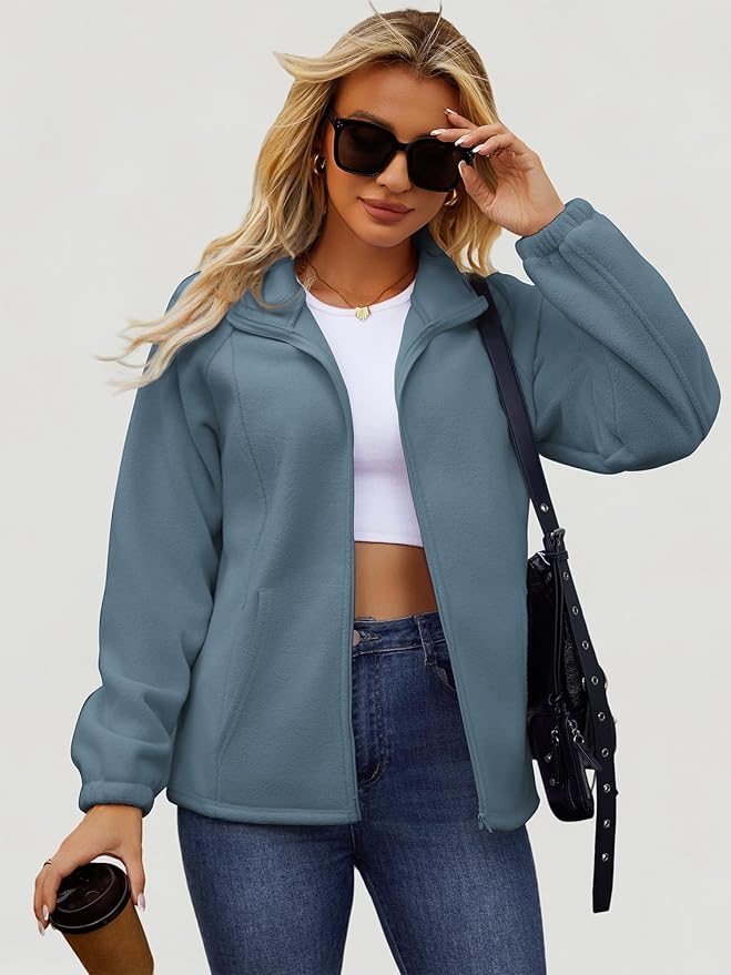 Womens Zip Up Fleece Jacket With 6 Pockets Casual Long Sleeve Fall Winter Fashion Outfits Clothes 2025
