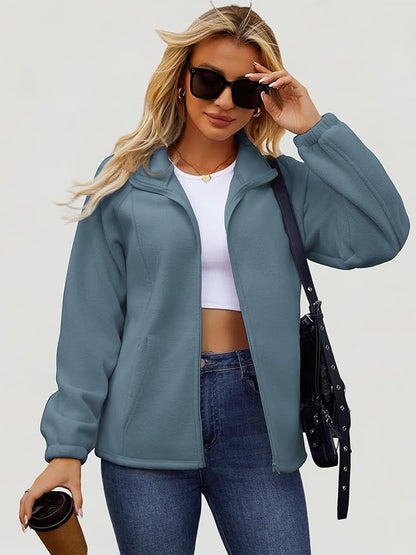 Womens Zip Up Fleece Jacket With 6 Pockets Casual Long Sleeve Fall Winter Fashion Outfits Clothes 2025