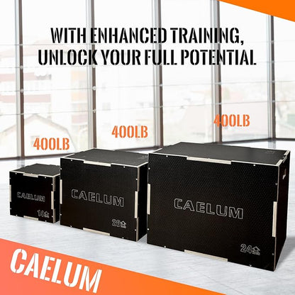 CAELUM 3-in-1 Wood Plyo Box - Non-Slip Plyometric Jump Box for Home & Gym, 400lbs Bearing Fitness Launch Box for Jumping Squats Step-ups Strength Training