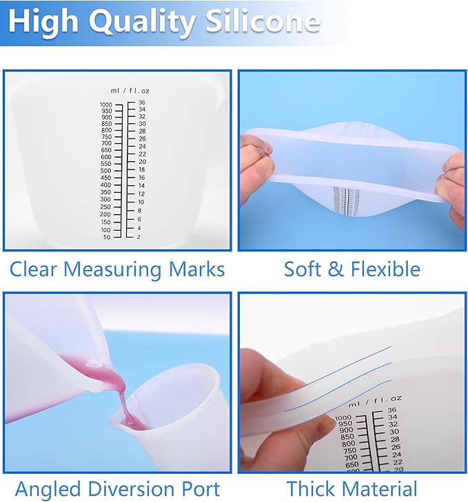 Silicone Measuring Cups, 1000ml & 100ml Large Flexible Mixing Cups, 5 Cups Pour Baking Cups for Epoxy Resin, DIY, Jewelry Making, Cooking