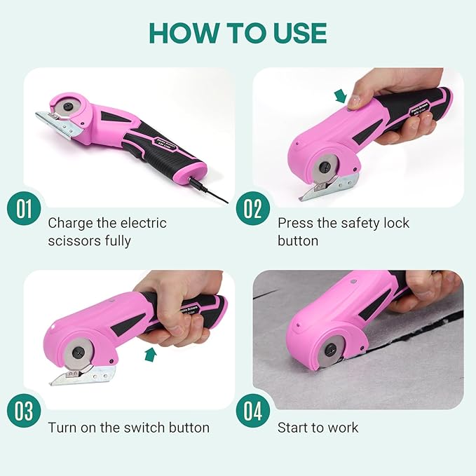 VLOXO Cordless Cardboard Cutter, Electric Scissors with Safety Lock, 4V Electric Fabric Cutter Rotary Powerful Fabric Scissors Recharge Multi-Cutting Tool for Carpet Leather Felt with Storage Box Pink